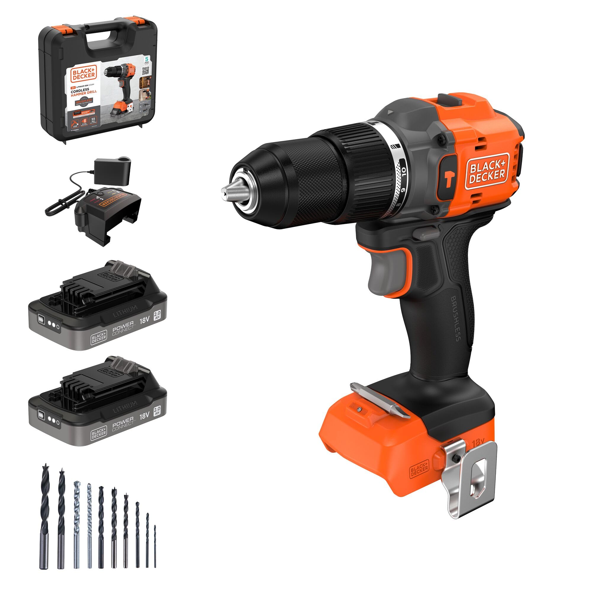 BLACK+DECKER Taladro percutor inalámbrico sin escobillas de 18v con 2 baterías, 10 brocas y maletín de transporte, BLD783D2KA-QW