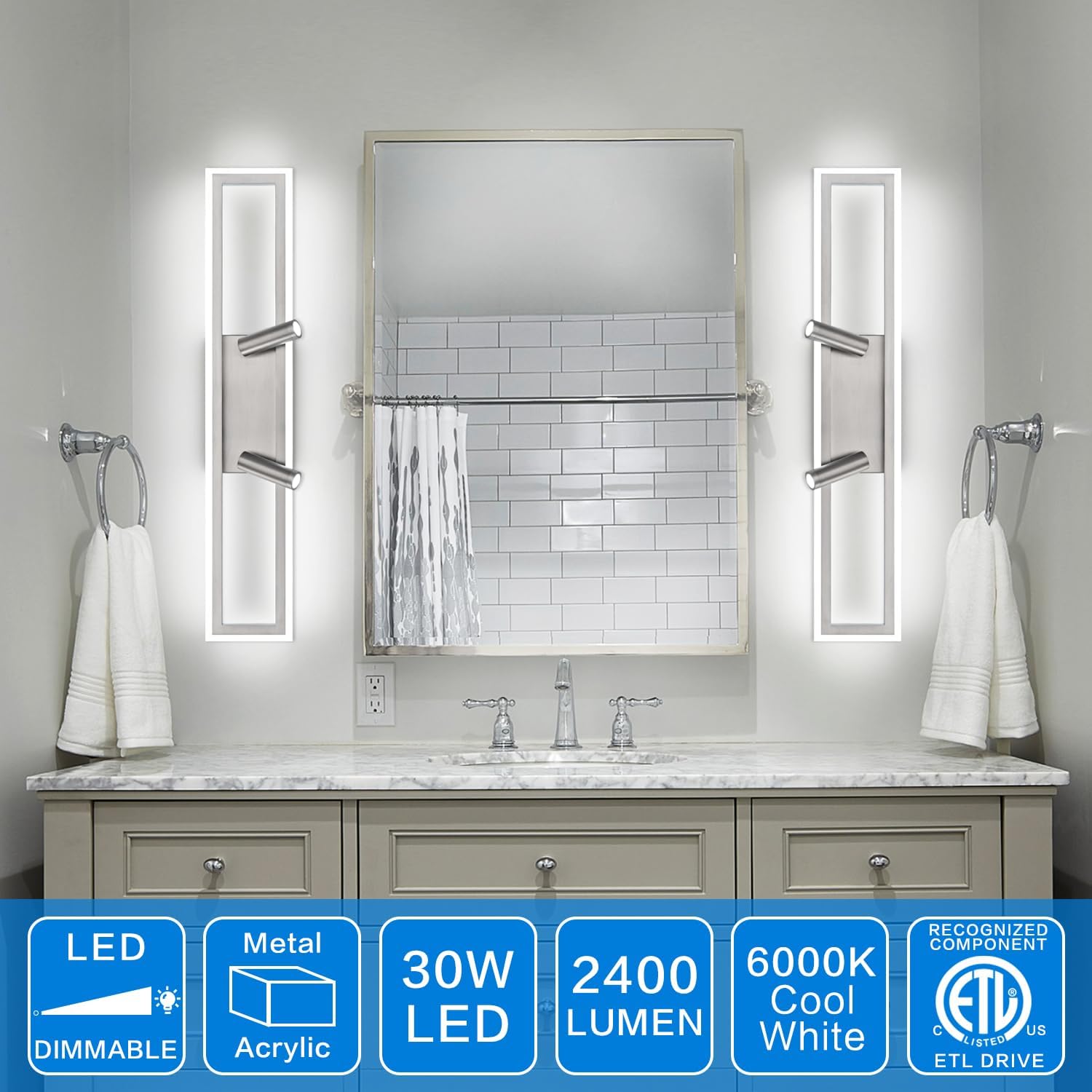 SOLFART Vanity Lights Bathroom Light Dimmable 24 Inch Brushed Nickel Led Lights for Bathroom Wall Light 6000K