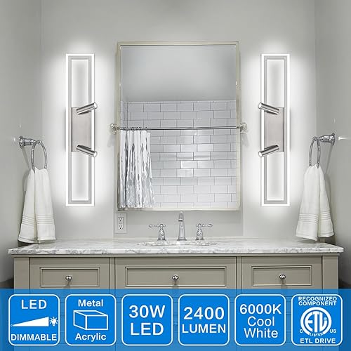Miniatura 2 de SOLFART Luces de tocador de baño, luz regulable de 24 pulgadas, níquel cepillado, luces LED para pared de baño, 6000 K