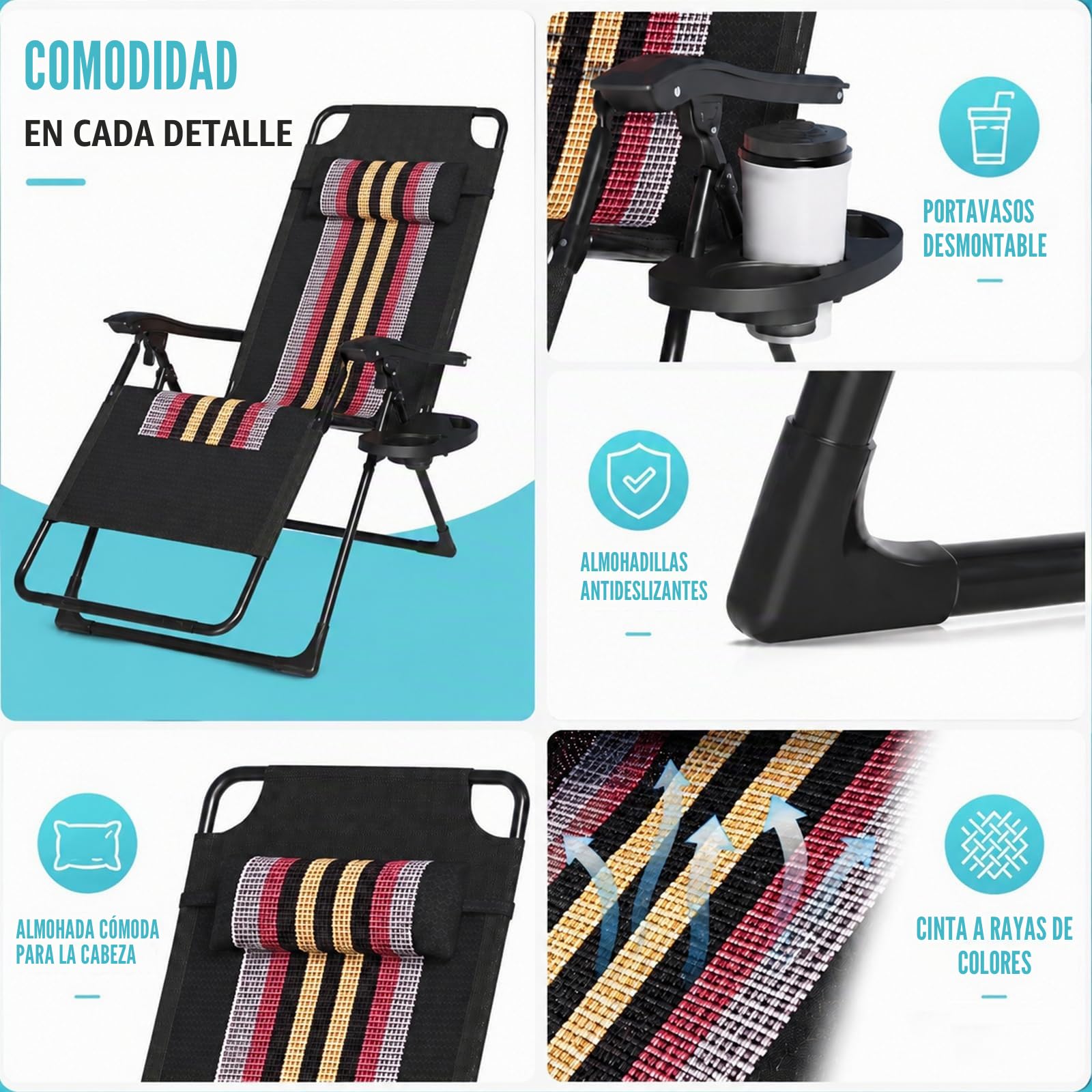 Tumbona Plegable hasta 200 kg, Tumbona Ajustable con cojín Cervical y Soporte para Bebidas, Tumbona ergonómica para jardín, balcón y Playa (Negro)