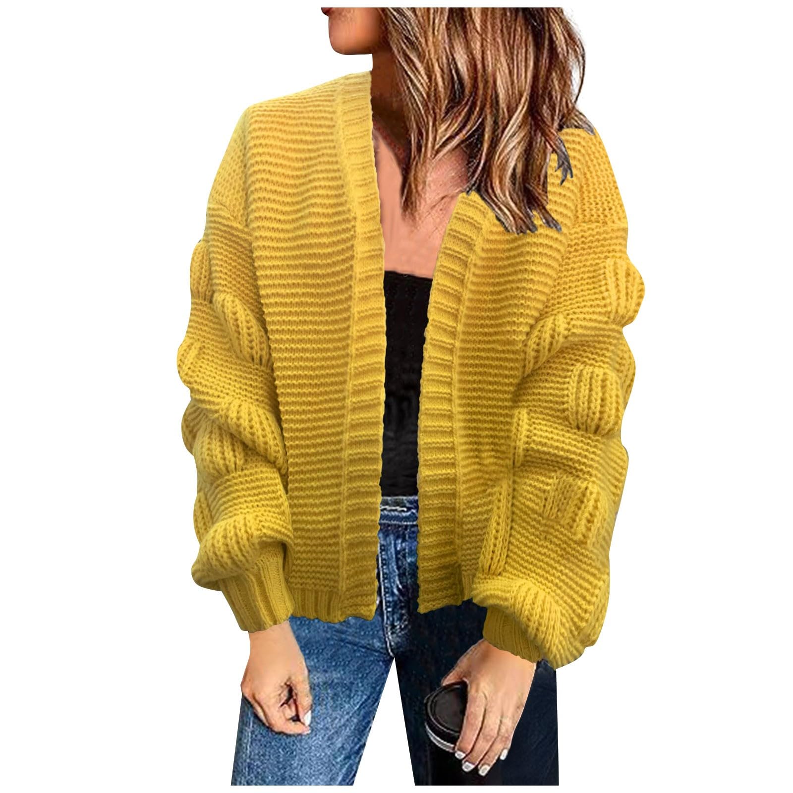 Generisch Strickjacke Damen Puffärmel Grobstrickjacke Übergang Winterjacke