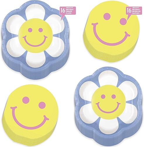 Miniatura 2 de HOME & HOOPLA Groovy Happy Vibes - Platos llanos de papel en forma de flor pastel y servilletas redondas de cara feliz (sirve 16)