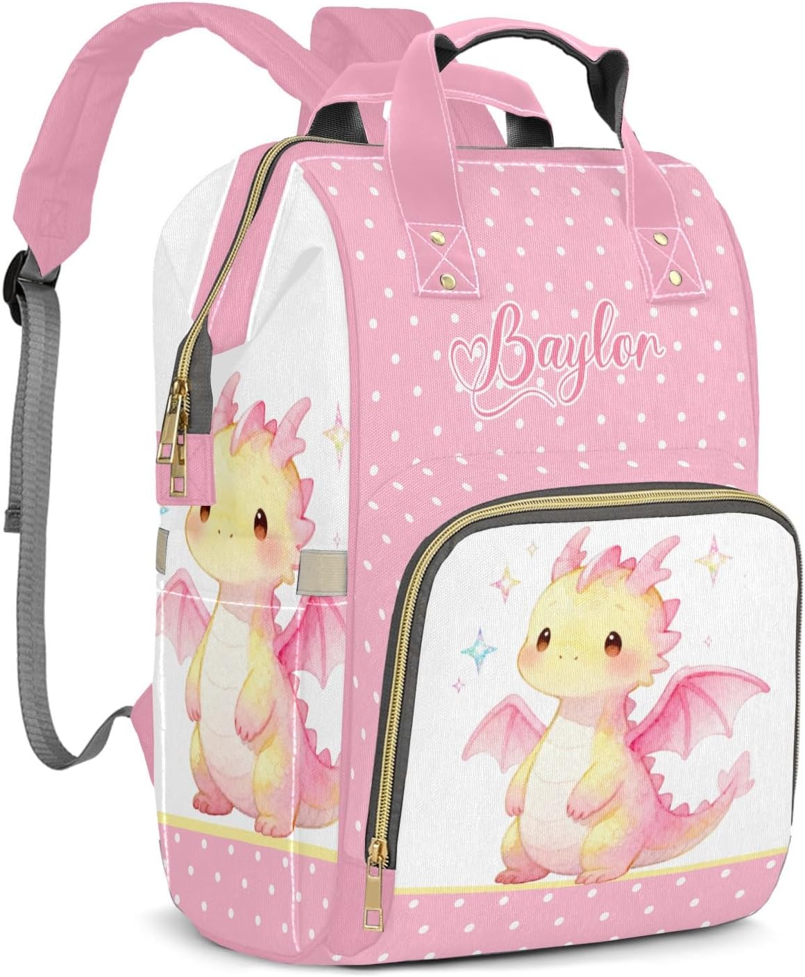 Personalized Diaper Bag Backpack Name Watercolor Dragon Pink Multifunction Travel Backpack Nappy Bag Daypack for Mom Dad Boy Girl