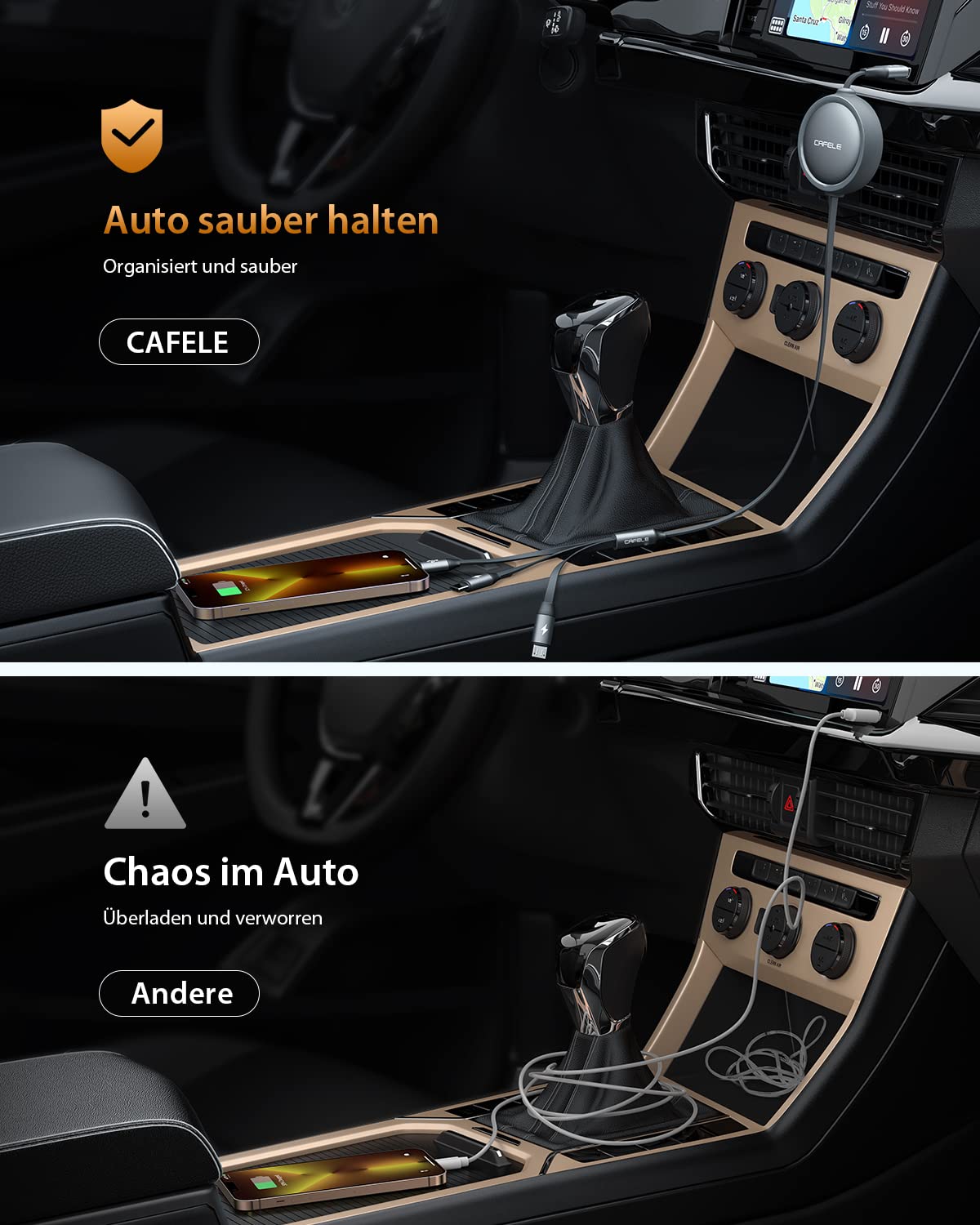 CAFELE Cavo Multi USB Retrattile per Auto,3.3ft【Play Car】,un Lato estensibile,Anti-groviglio【Guida sicura】,3 in 1 cavo di Ricarica Retrattile per Telefono,Android,Samsug,Huawei,LG,Pad (Grigio)