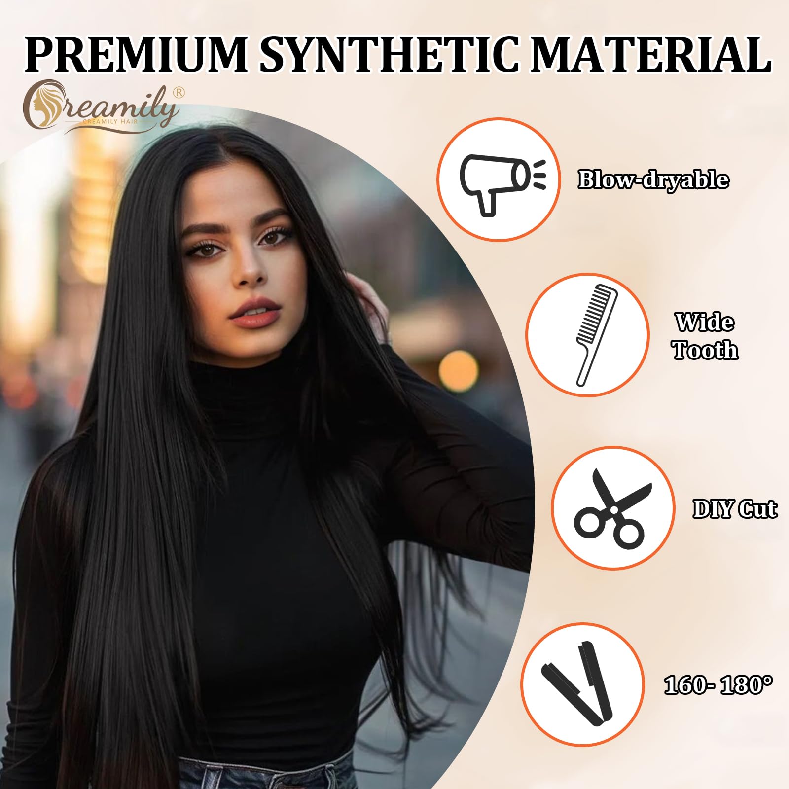 Creamily Long Straight Artificial Hair Wig for Woman Full Head for Chemo Patient,Black Natural Hair Wigs for Daily Party/Halloween Use (Black, 24 Inches) 1
