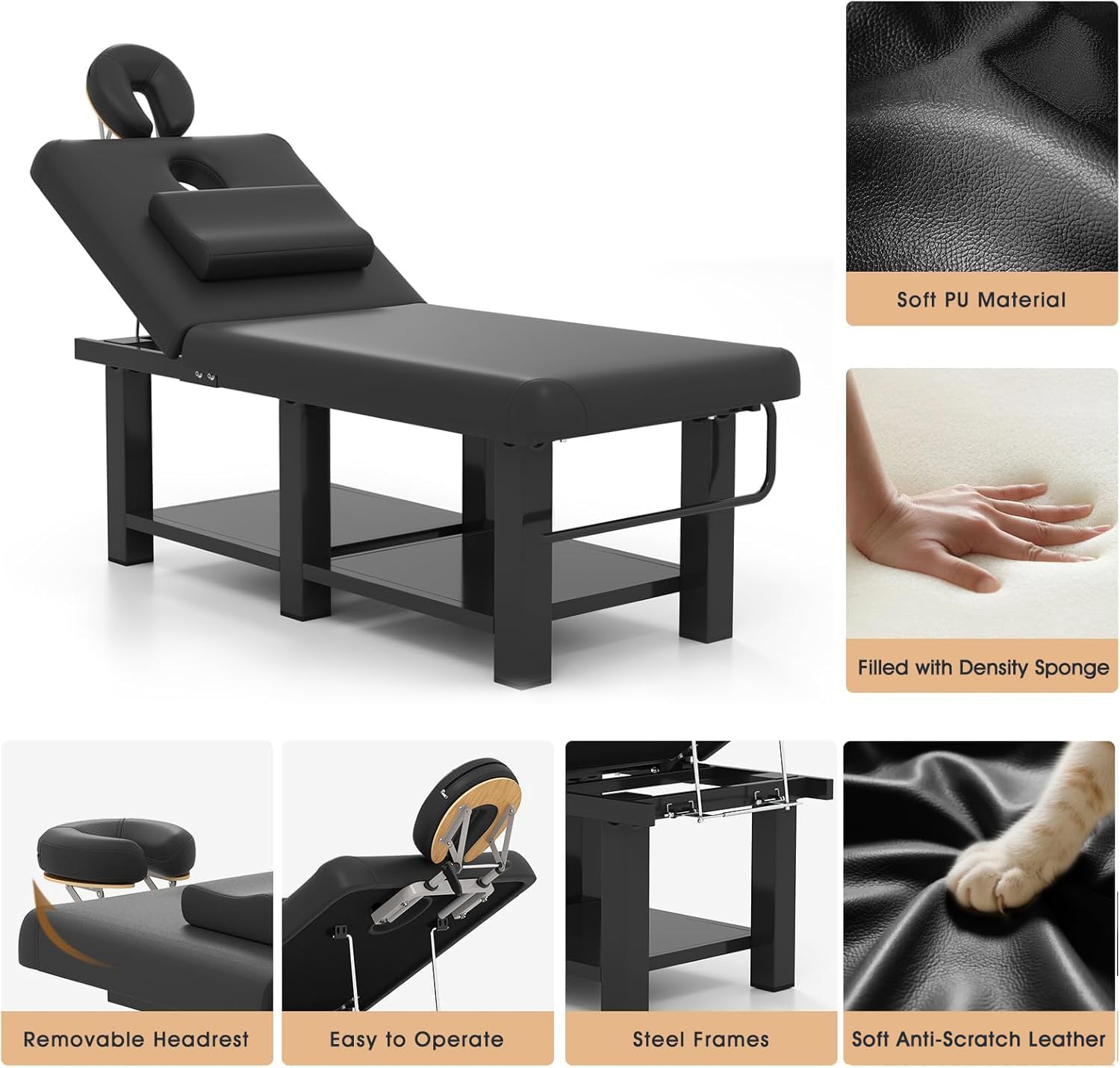 Artist hand Heavy Duty Wide Stationary Massage Table Metal Frame PU Leather Spa Facial Professional Adjustable Massage Bed with Headrest for Treatment Physical Therapy Tatoo Salon Equipment