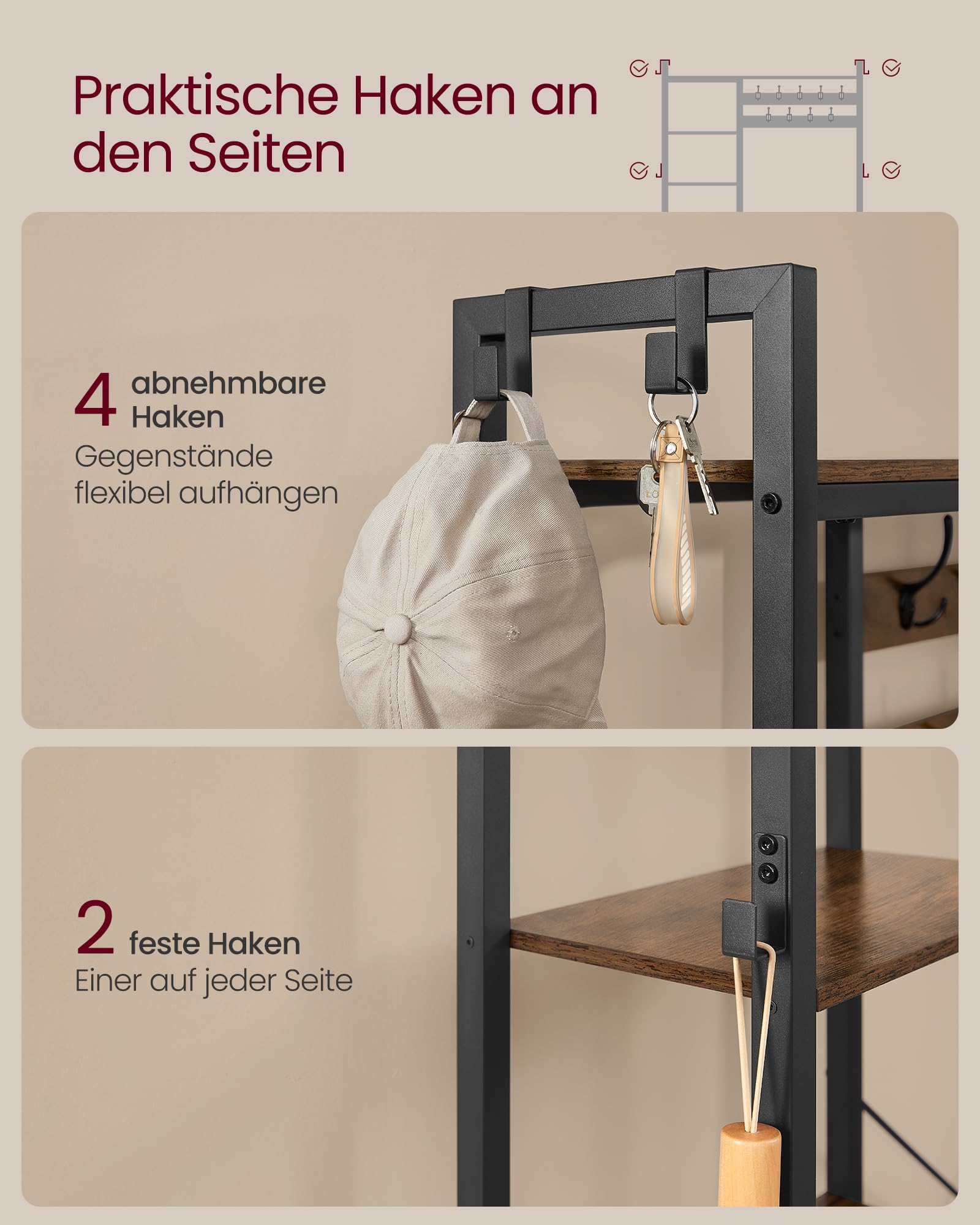 VASAGLE Garderobenständer mit Schuhbank, Garderobe, 5 Regalebenen aus Spanplatten, 9 Dreifach-Haken, 6 seitliche Haken, 40 x 120 x 190 cm, vintagebraun-tintenschwarz HSR426B01