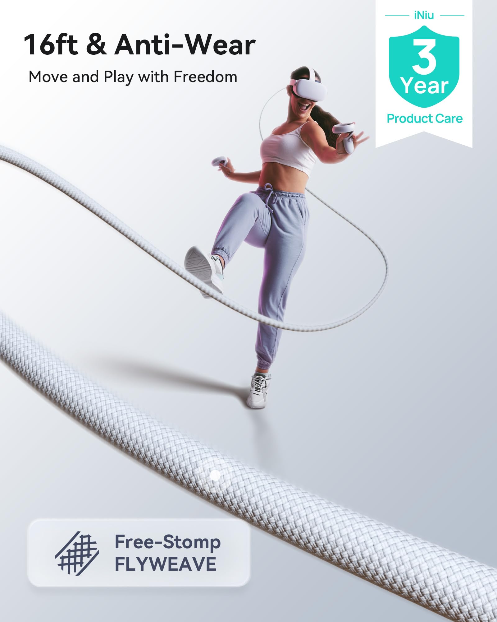 INIU 16ft Premium VR Link Cable with Charging, USB 3.0 Compatible with Meta Quest 3s, Oculus Quest 3/2/Pro, Pico 4, PC VR & Steam VR - Perfect  VR Accessory, Ideal Gift Choice