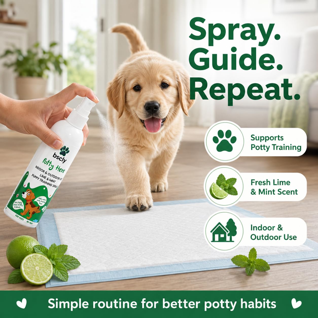 Bscly Dog Potty Training Spray for Puppies & Dogs | Pee Attractant & Toilet Training Aid | Trains Pets to Go in One Spot | Indoor & Outdoor, Pee Pad Friendly | Fresh Lime & Mint | 200ml 2