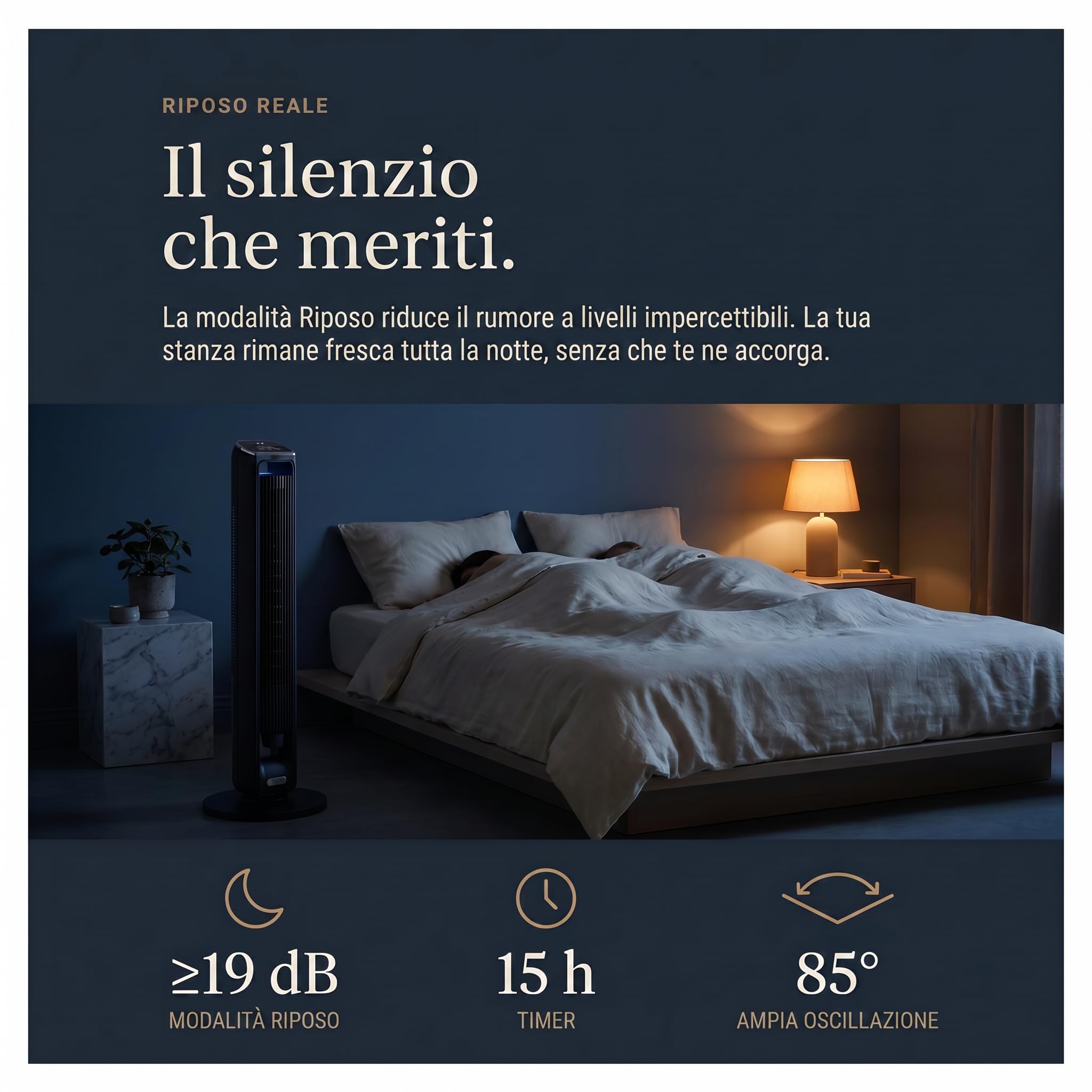 Ventilatore a torre (107 cm), 19 dB, velocità fino a 8.2 m/s, display LED touchscreen, telecomando, 3 velocità, timer da 15 ore, oscillazione di 85°, silenzioso, raffreddamento rapido