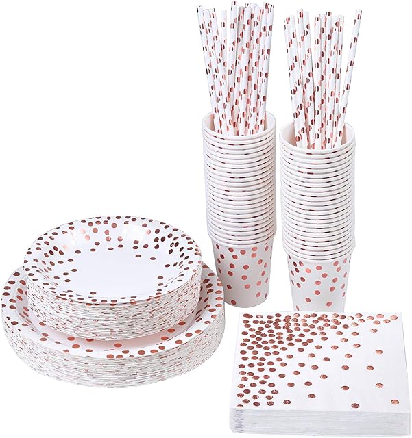 ANECO 250 Pieces Rose Gold Foil Party Supplies Party Tableware Foil Paper Plates Napkins Cups Straws for Weddings, Anniversary, Birthday for 50 Guests