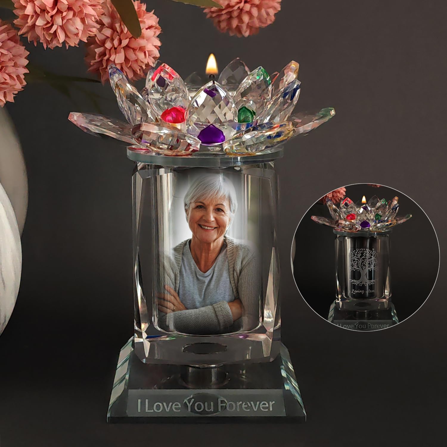 Contid small urns for human ashes,Cremation Keepsake Photo Urn Rotatable Crystal Mini Candle Urns for Ashes Keepsake Decorative Engraving Tree of Life Urn Remember Your Love One Lost