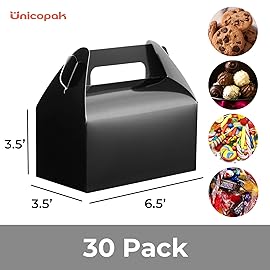 UnicoPak 30 Pack Black Gable Treat Boxes, Party Favor Boxes, Gift Boxes for Kids, for Snacks, Candy, Toys, Birthday Party, Wedding, Halloween, Christmas - 6.5x3.5x3.5 Inches