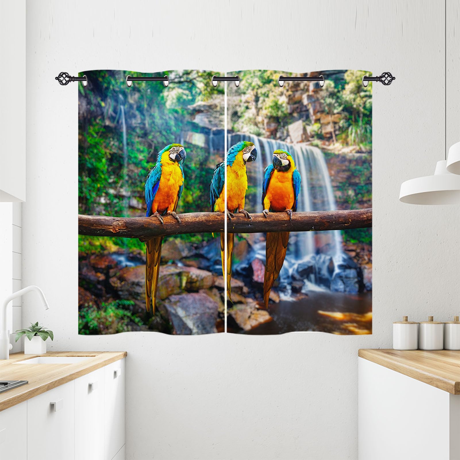 ANHOPE Parrot Curtains Eyelet Thermal Insulated Blackout Curtains Jungle Waterfall Animal Macaw Print Pattern Ring Top Drapes for Bedroom Living Room 28 x 54 Inch Drop 2 Panels