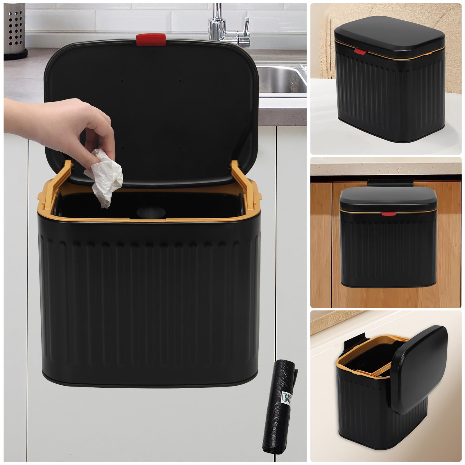 Komposteimer Küche mit Deckel, 3,5 l Edelstahl Mülleimer Komposteimer Arbeitsplatte Schrank Mülleimer Wandmontage unter Spüle Indoor für Küche, Bad, Büro, Camping (Schwarz)