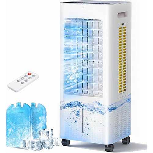 Evaporative Air Cooler with Remote & Timer, 2200+ CFM Portable Fan That Blows Cold Air for Large Room, Home Office, Bedroom - 2.1Gal High-Capacity Tank, 3 Modes, Whisper Quiet 30dB & Sleep Mode