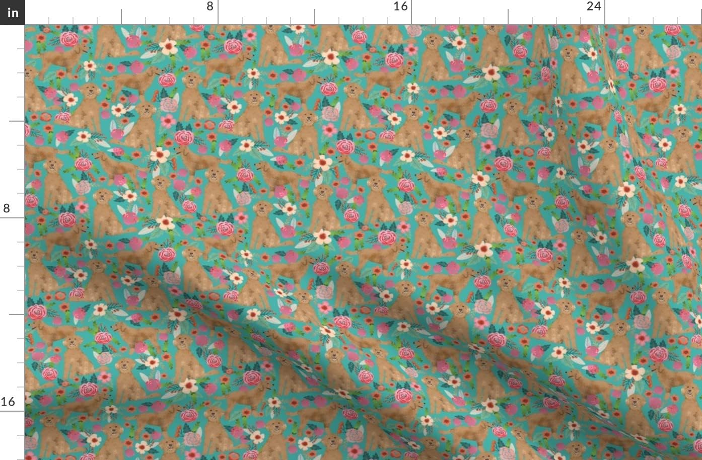 Spoonflower Fabric - Golden Doodle Floral Flowers Dog Pattern Turquoise Dogs Printed on Organic Cotton Sateen Fabric by The Yard - Sewing Quilting Apparel Home Decor