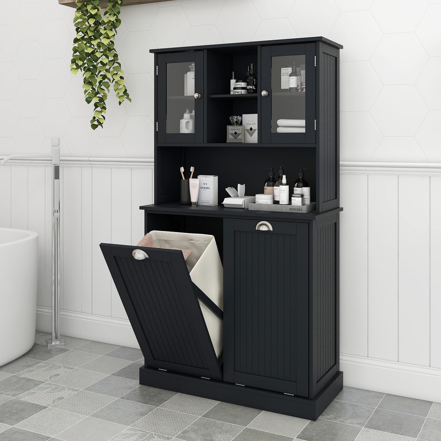 Tall Tilt Out Laundry Hamper Cabinet with 2 Removable Baskets, Laundry Room Cabinets and Storage Furniture with Hidden Laundry Hamper & Glass Doors for Bathroom, Laundry Room, Black
