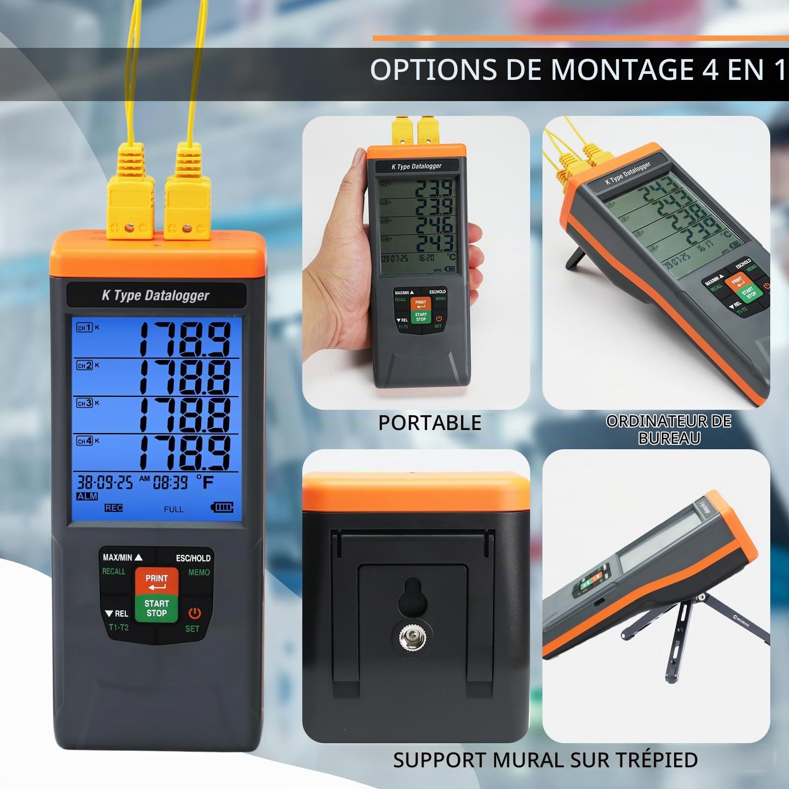 Thermomètre à Thermocouple Enregistreur de Température, 4 Canaux Type K avec 48 000 Enregistrements, Plage de Mesure -200~1370°C, Alarme Sonore & Visuelle, Date & Heure