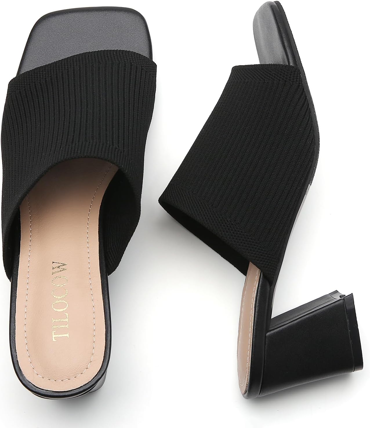 Tilocow Knit Heeled Sandals for Women, Square Open Toe Heels Sandals, Chunky Block Low Heel Slip On Mules - Image 7