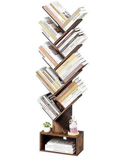 Hoctieon 9 Tier Tree Bookshelf, Tall Bookcase with Drawer, Wood Book Shelf, Modern Floor Standing Bookshelves, Book Organizer Shelves for Bedroom, Living Room, Home Office, Rustic Brown - 9-Tier - Rustic Brown