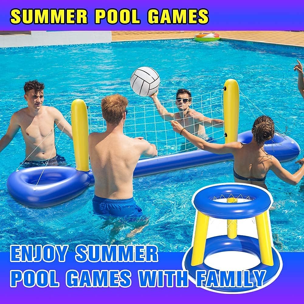 UNAOIWN Pool Games Set Inflatable Volleyball Net & Basketball Hoops Swimming Pool Games Toys for Teens and Adults,Summer Floaties, Pool Party, Volleyball Court : Toys & Games