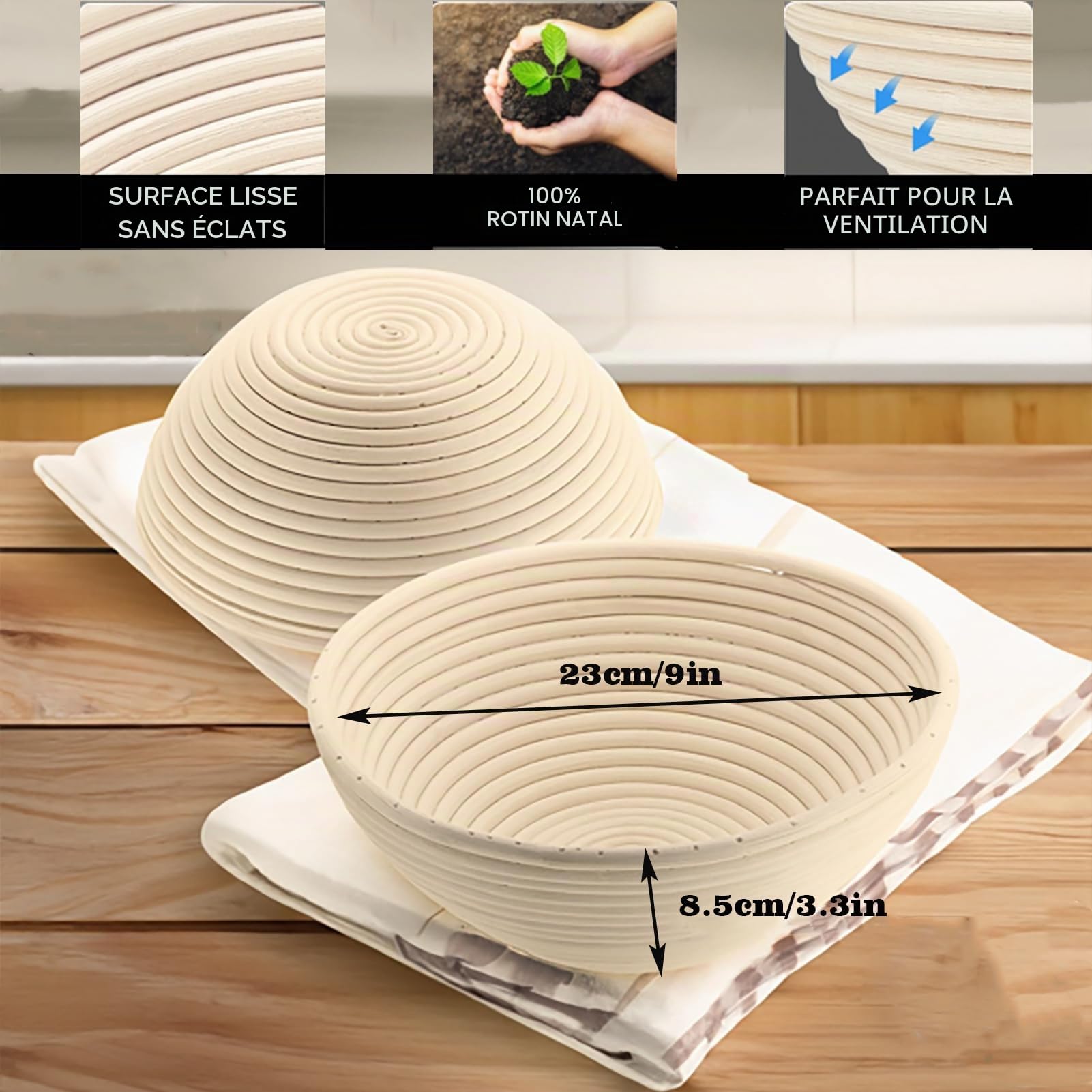 2 pièces Banneton pour Pain Ronds de 23 cm, Ensemble de Paniers de Fermentation, Boulangerie, 100% Rotin Naturel, Banneton à Pain pour la Cuisson du Pain