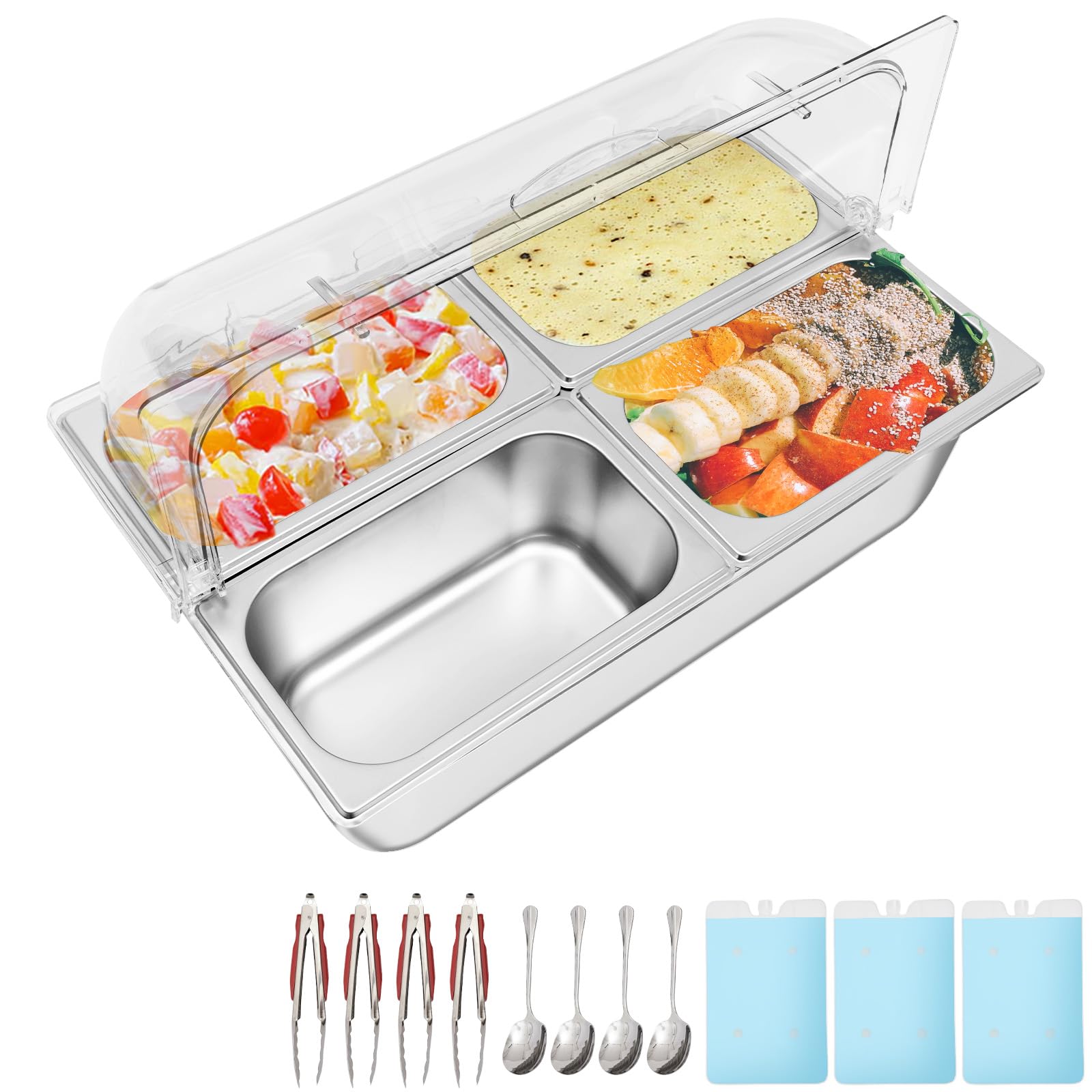 Contenedor de exhibición de alimentos para encimera, 4 sartenes con 3 paquetes de hielo, bandeja para servir alimentos fríos, dispensador de condimentos, ensalada, aderezo, aperitivos,