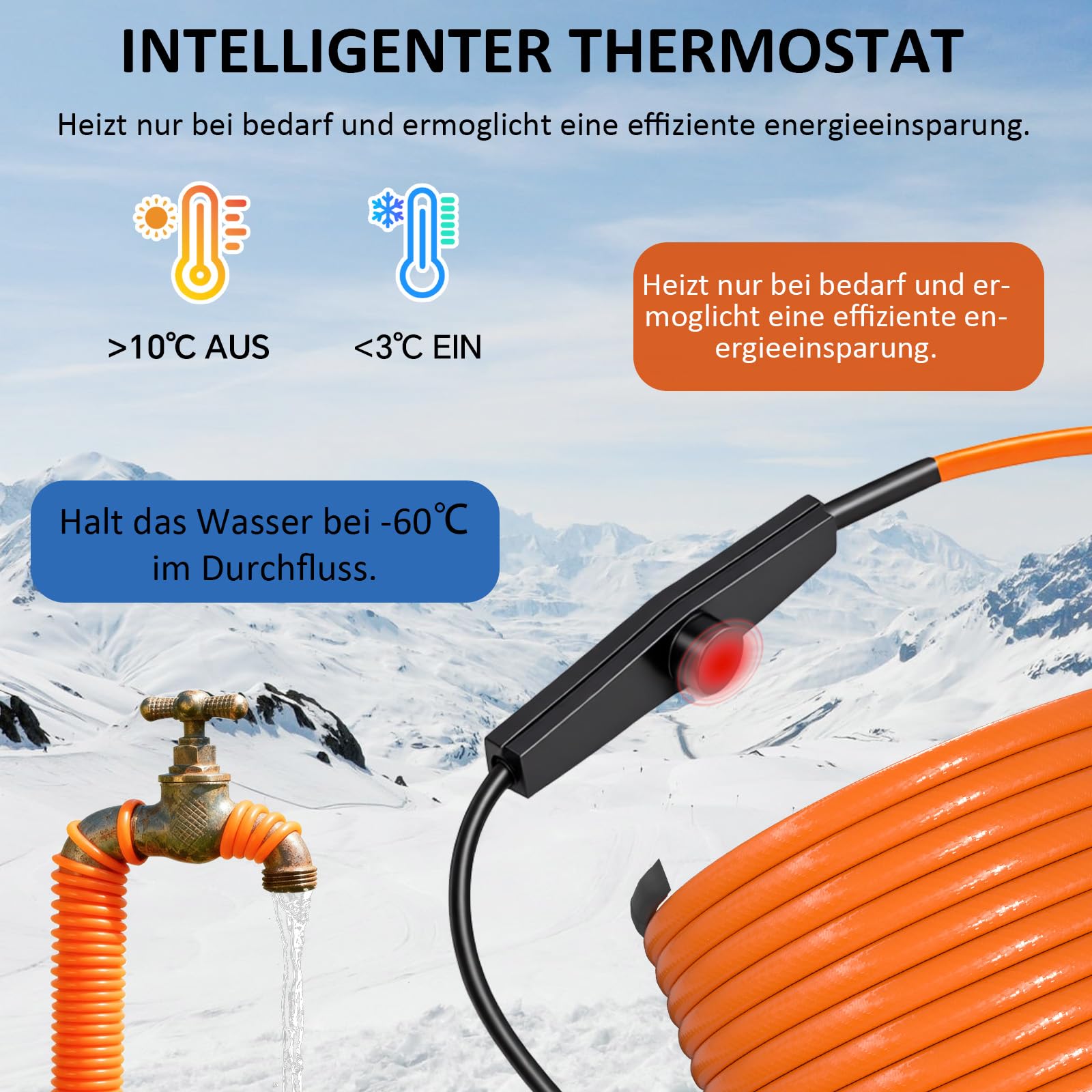 Câble Chauffant Antigel Autorégulant 25W/m 10m IPX7 avec Thermostat