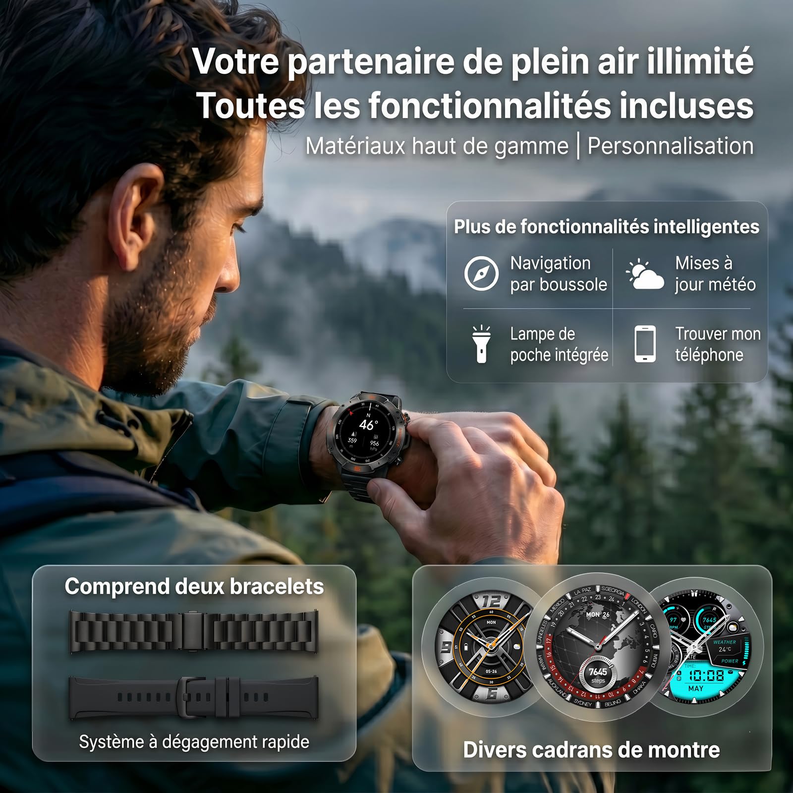 WalkerFit Robuste Smartwatch Herren mit GPS, 1,43" AMOLED, Outdoor Design | 5ATM wasserdicht, Bluetooth-Anrufe, 178+ Sportmodi, Herzfrequenz, Schlafanalyse, lange Akkulaufzeit, Android & iOS