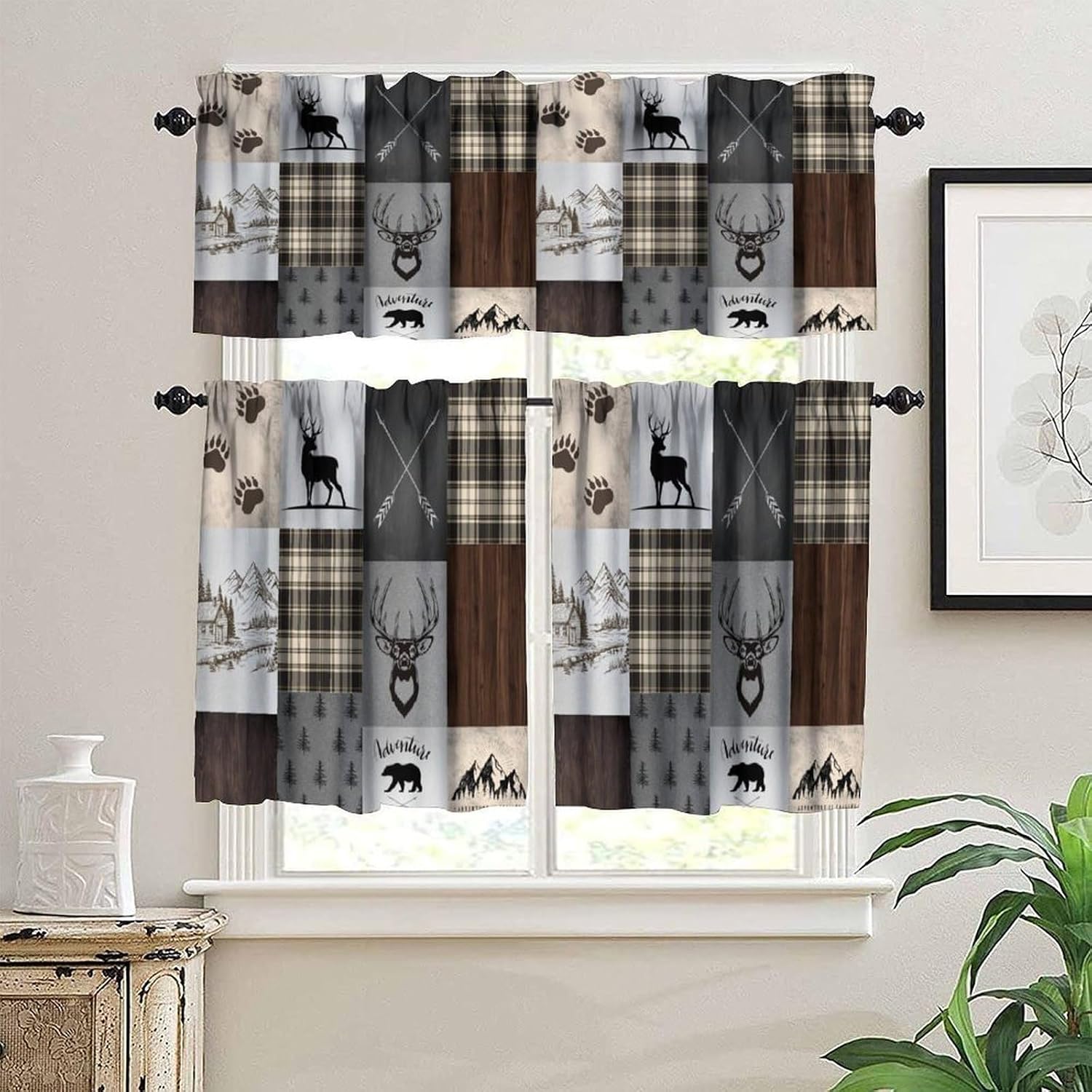 Rustic Cabin Kitchen Curtains Valances Set, Farmhouse Retro Lodge Bear Deer Moose Wild Animals Window Curtains Tier and Valance Curtain Set for Bedroom Living Room 54x18 & 27x24x2, 3 Panel