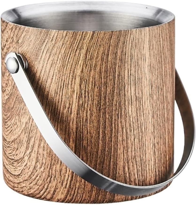 Ice Bucket Wood Grain Stainless Steel Ice Bucket With Lid Multi-purpose Bar Party Champagne Beverage Ice Tub(Medium)