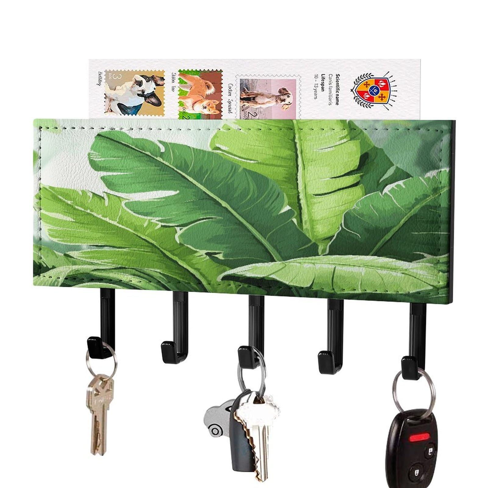 Fekiloot Black-Style Cute Banana Leaves Key Holder Wall Mount Key Hanger With 5 Hooks Decorative Key Rack Hanging Key Hooks With Mail Organizer Key Holder For Wall Living Room Kitchen Bathroom Hallway Black