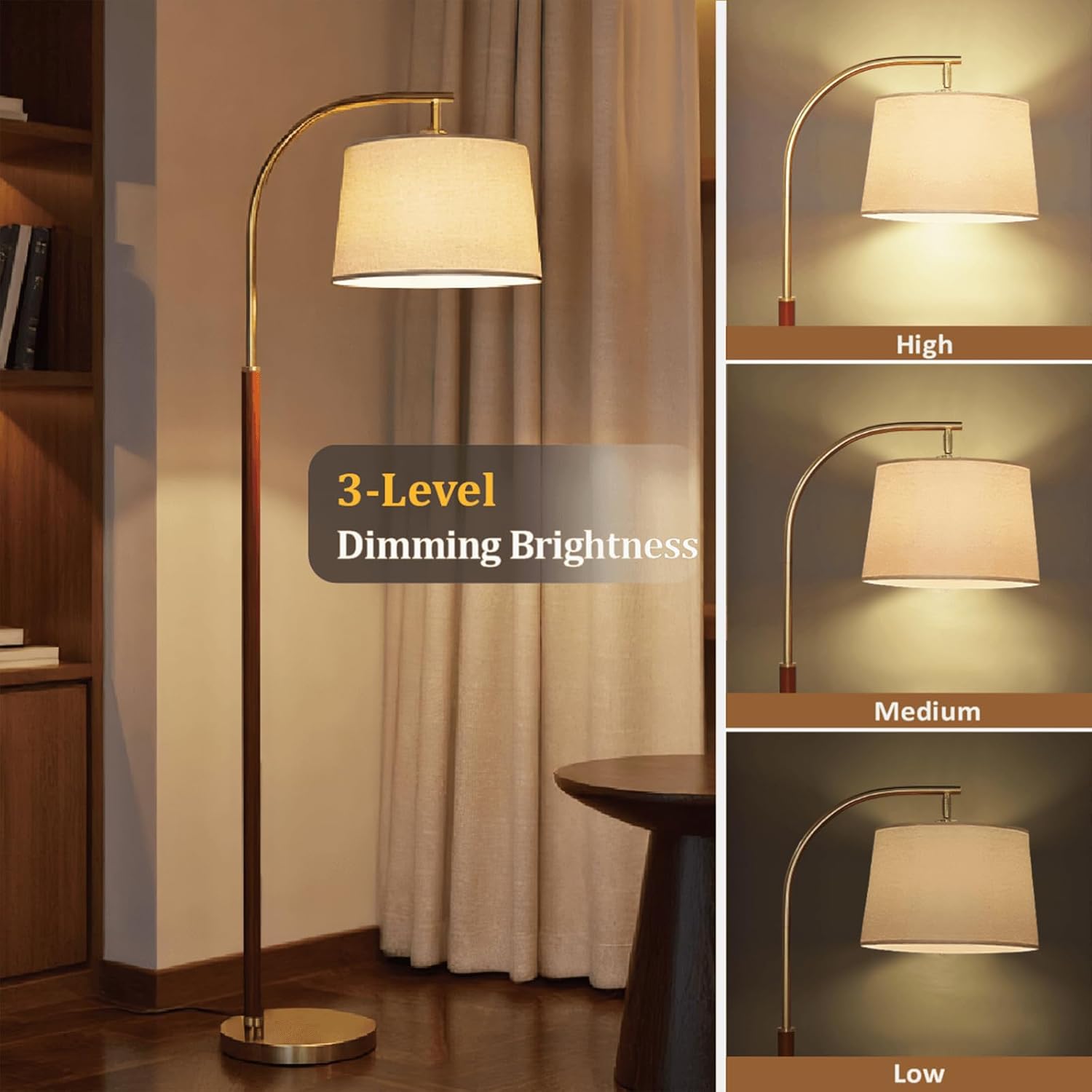 65” Walnut Gold Arc Floor Lamp for Living Room, 1200 Lumens 3-Level Brightness Mid Century Modern Floor Lamp for Bedroom, Wood Vintage Gold Standing Lamp, Adjustable Lampshade, LED Bulb Included