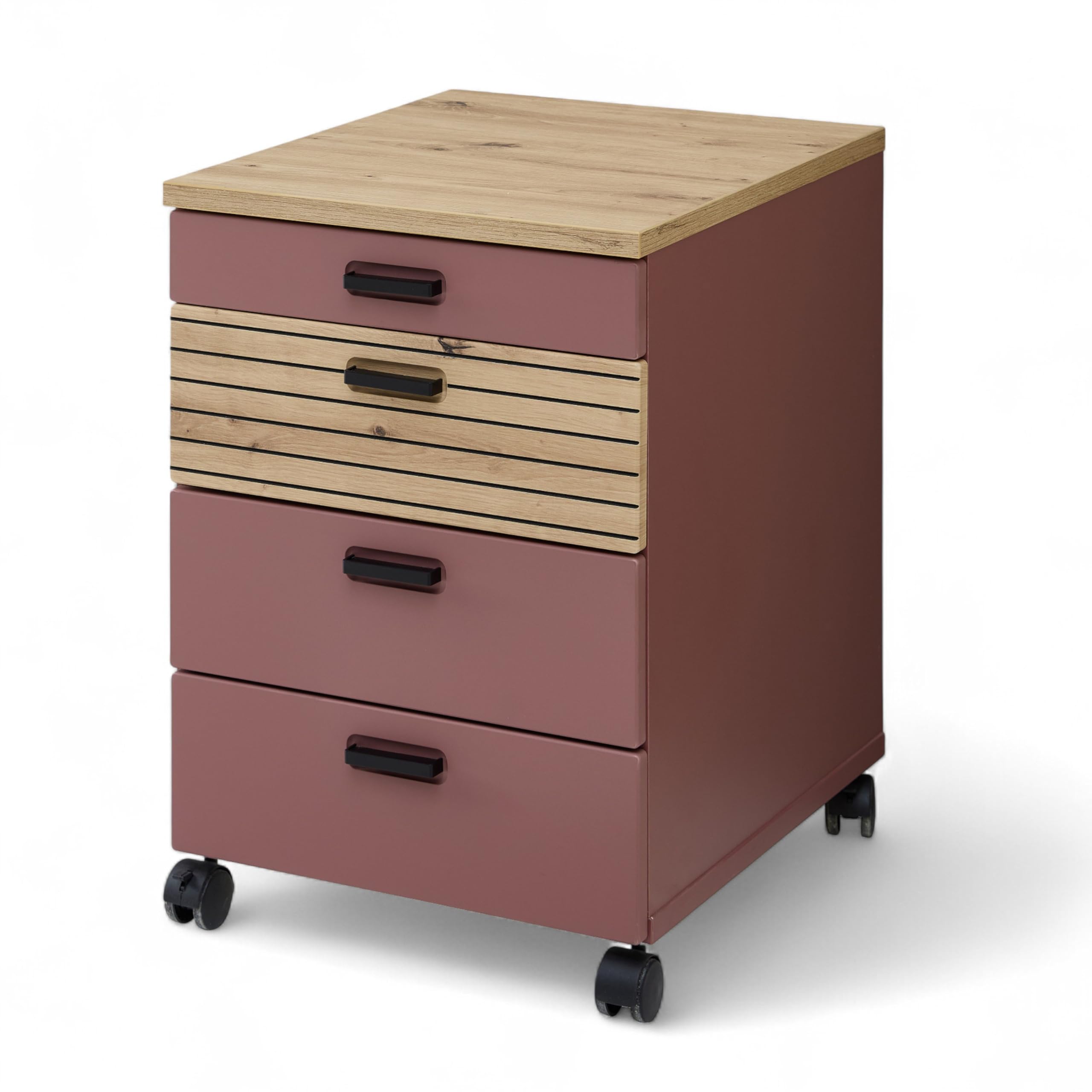 GLENN Rollcontainer Schreibtisch Rusty Red Artisan Eiche Optik | 45 x 66 x 55 cm (B/H/T), 4 Schubkästen, Lamellenoptik, 4 Rollen mit Bremse, abnehmbarer Sockel, Büro