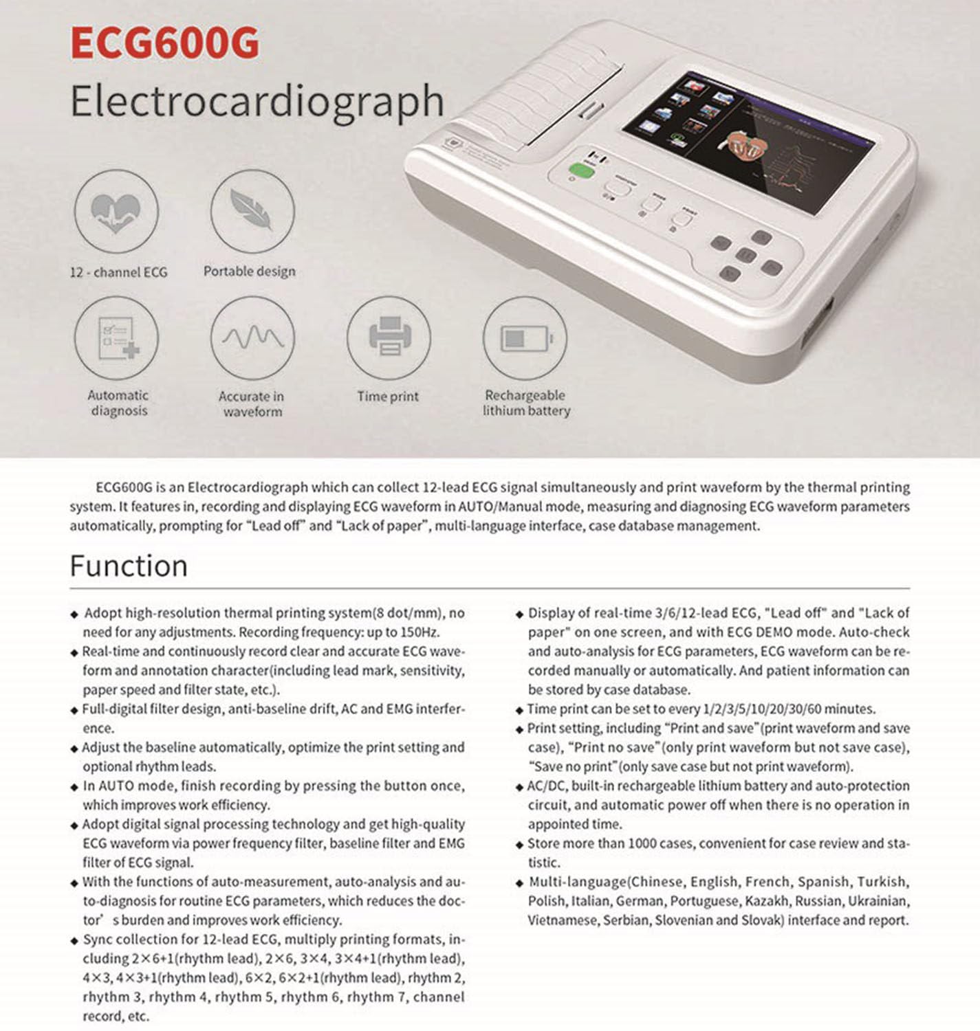 Monitor ECG a 12 derivazioni, Portatile, Schermo LCD Touch da 7 Pollici, elettrocardiografo Digitale a 6 canali, Macchina ECG/EKG