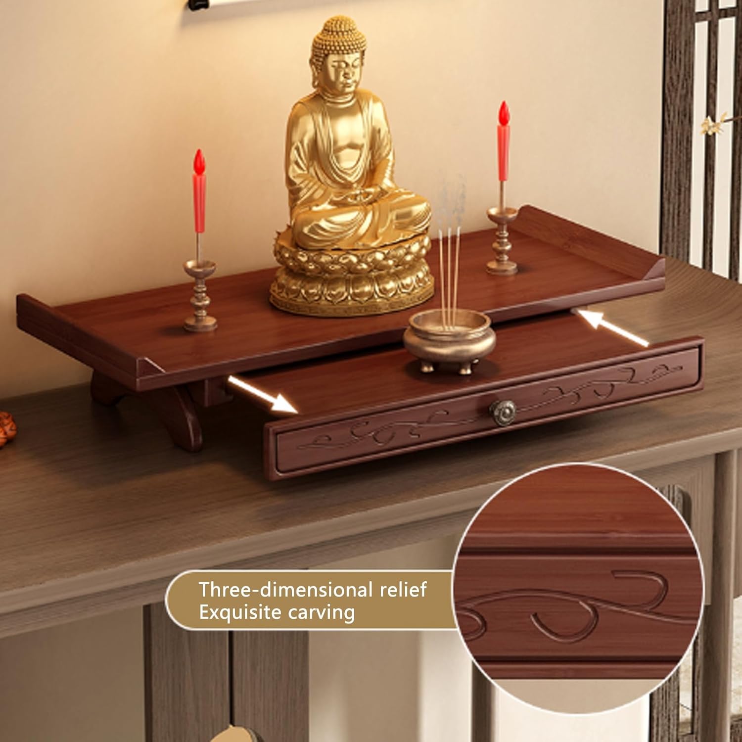 Wall Mounted Buddha Niche Buddha Altar,Household Solid Wood Wall Cabinet Buddha Cabinet Niche with Drawer,Meditation Altar Table,Wall Mounted Offering Tables,Wooden Buddhist Altars