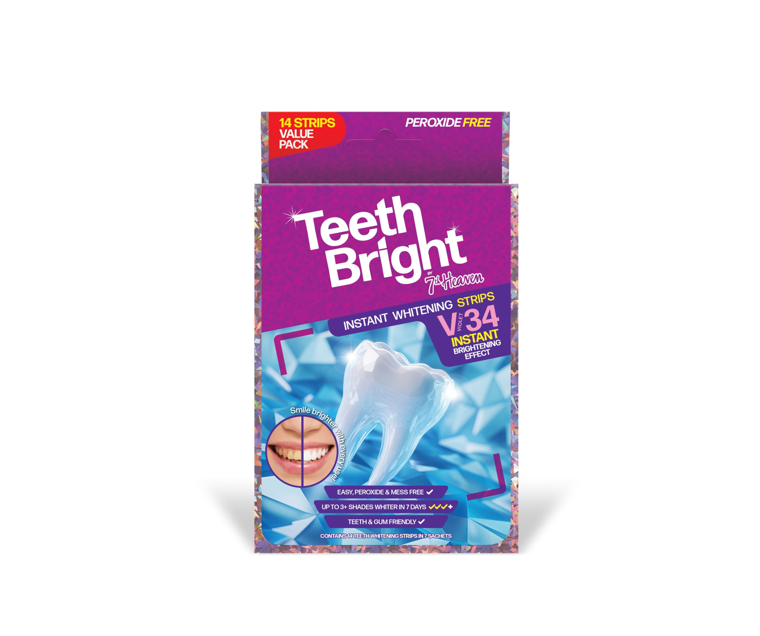 Purple Teeth Whitening Strips by 7th Heaven, White Teeth Strips x 7, Teeth Whitener and Teeth Stain Remover, Sensitive Tooth Whitening Strip, Hydrogen Peroxide Free
