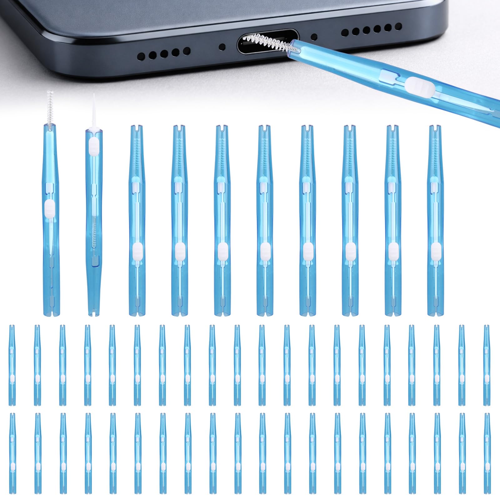 Goktvai 50pcs Phone Cleaning Kit, Double-Sided USB-C Charging Port Cleaner Tools with Nylon Bristles & Hook Dust Remover for Mobile Phone Headphones Speakers Charger (Blue)