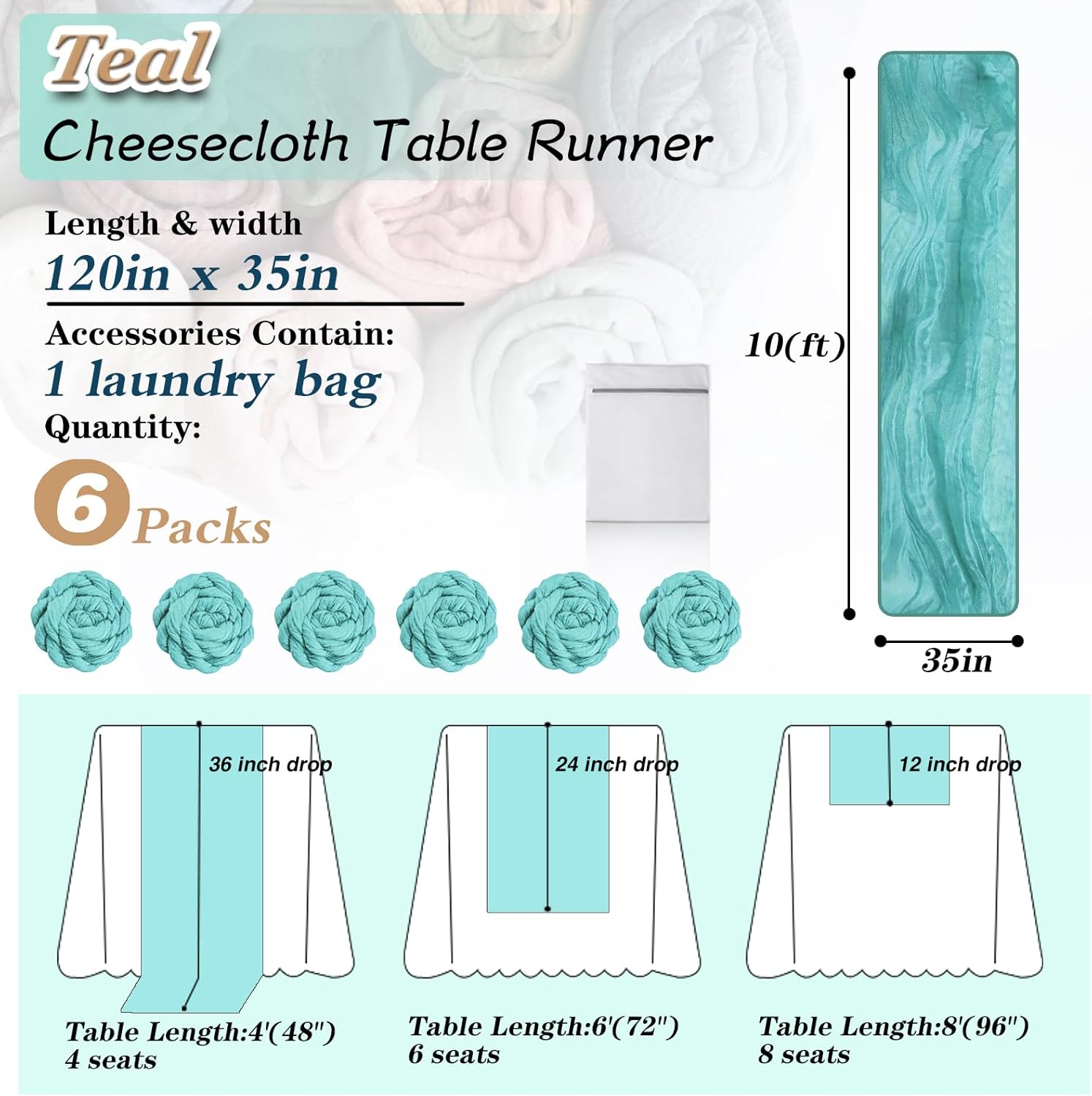 Teal Cheesecloth Table Runner 6 Pack 35" Boho Gauze 120 inches Long Tablecloth Runner Rustic Sheer Fabric Bulk for Baby Shower Wedding Bridal Birthday Party Picnic Table Decorations