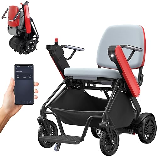 Lightweight Auto Folding Electric Wheelchairs for Adults & Seniors, Smart APP Remote Control Power Wheelchair, 15 Mile Range Motorized Wheelchair, w/Safety Lights & Large Storage Bag, Airline Approved