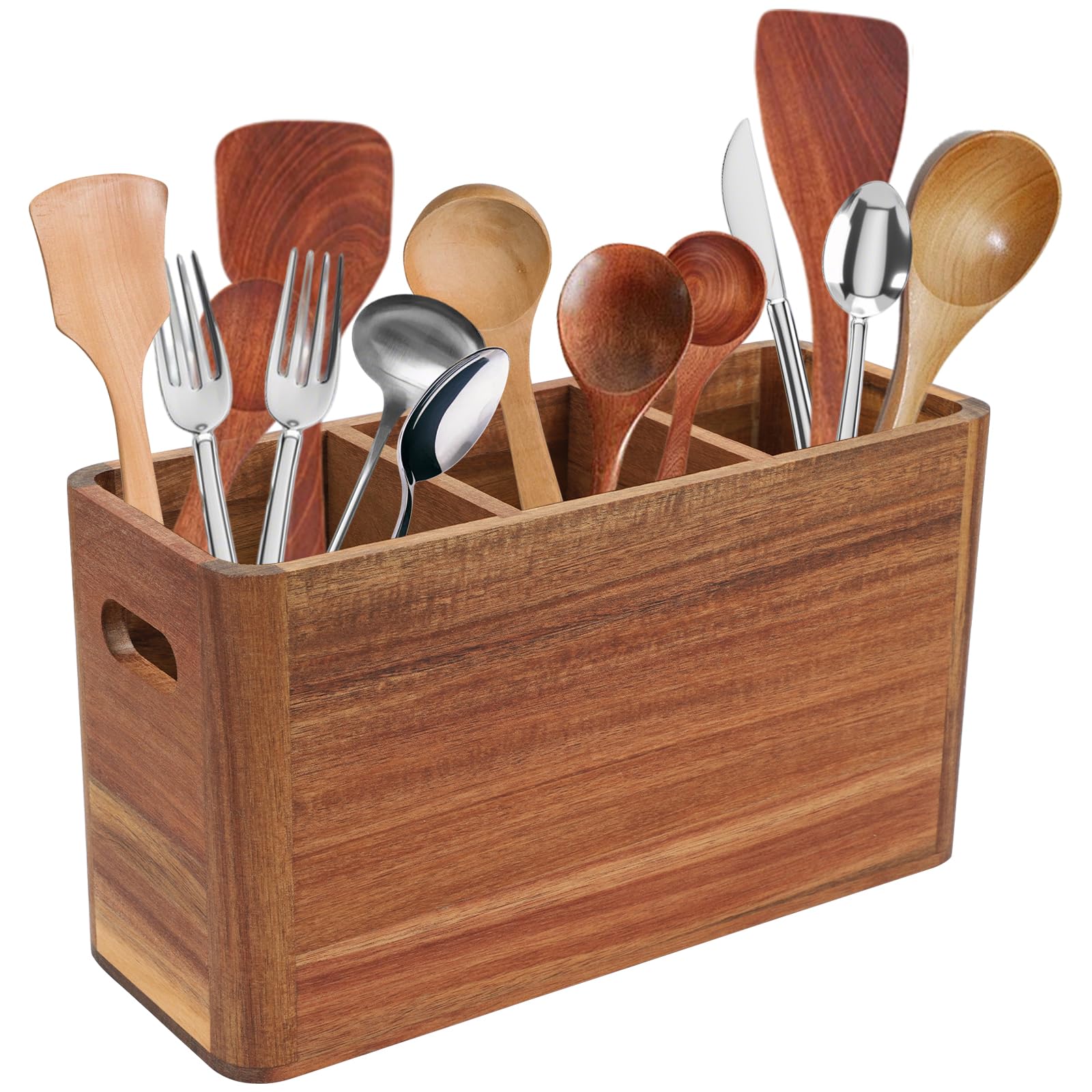 Bote para Utensilios de Cocina Madera, Portarcubiertos de Madera con 3 Compartimentos Recipiente para Utensilios de Cocina para Cucharas, Horquillas, Cuchillos y Almacenamiento de Utensilios