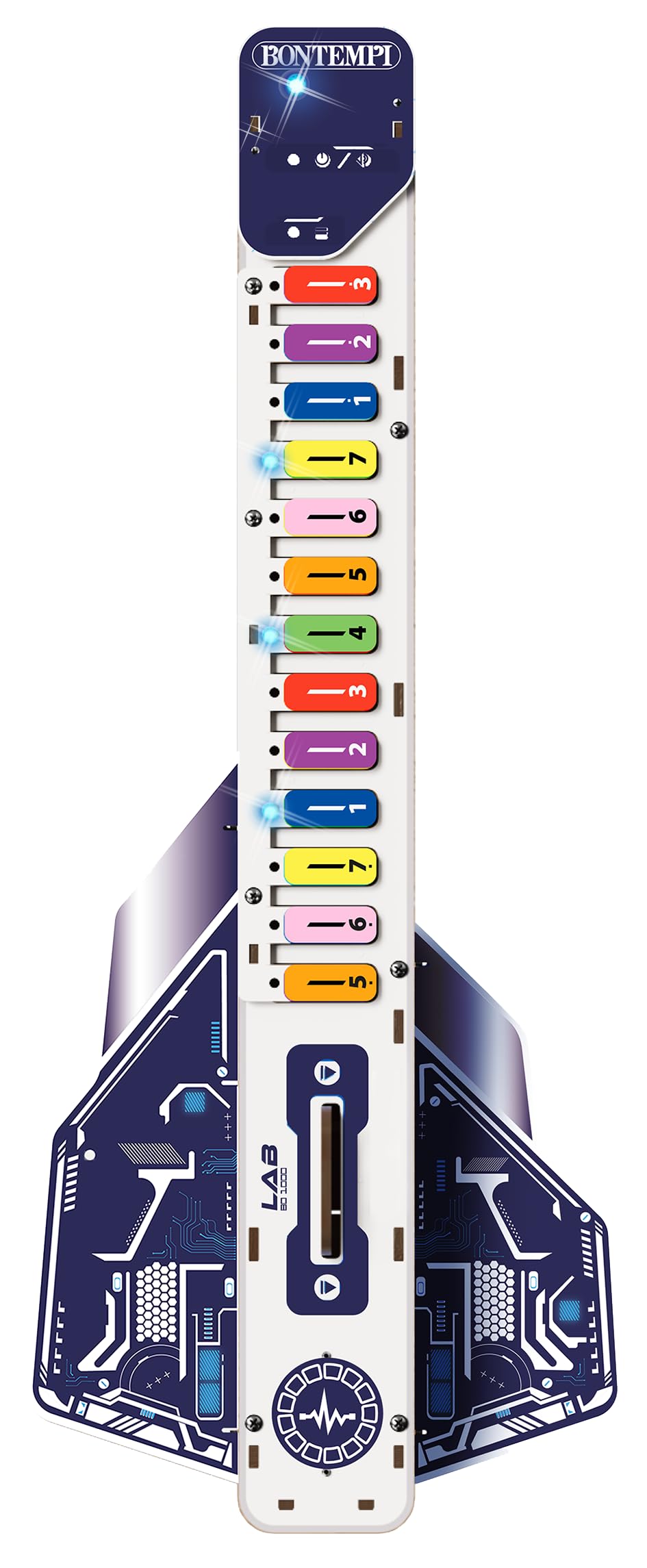 BONTEMPI - Kit di Montaggio Chitarra Elettronica con Componenti in Legno, Unità di Controllo Elettronica, Altoparlanti, 20 Brani Pre-Registrati, 5 Suoni, Volume Regolabile 165x415x50 mm