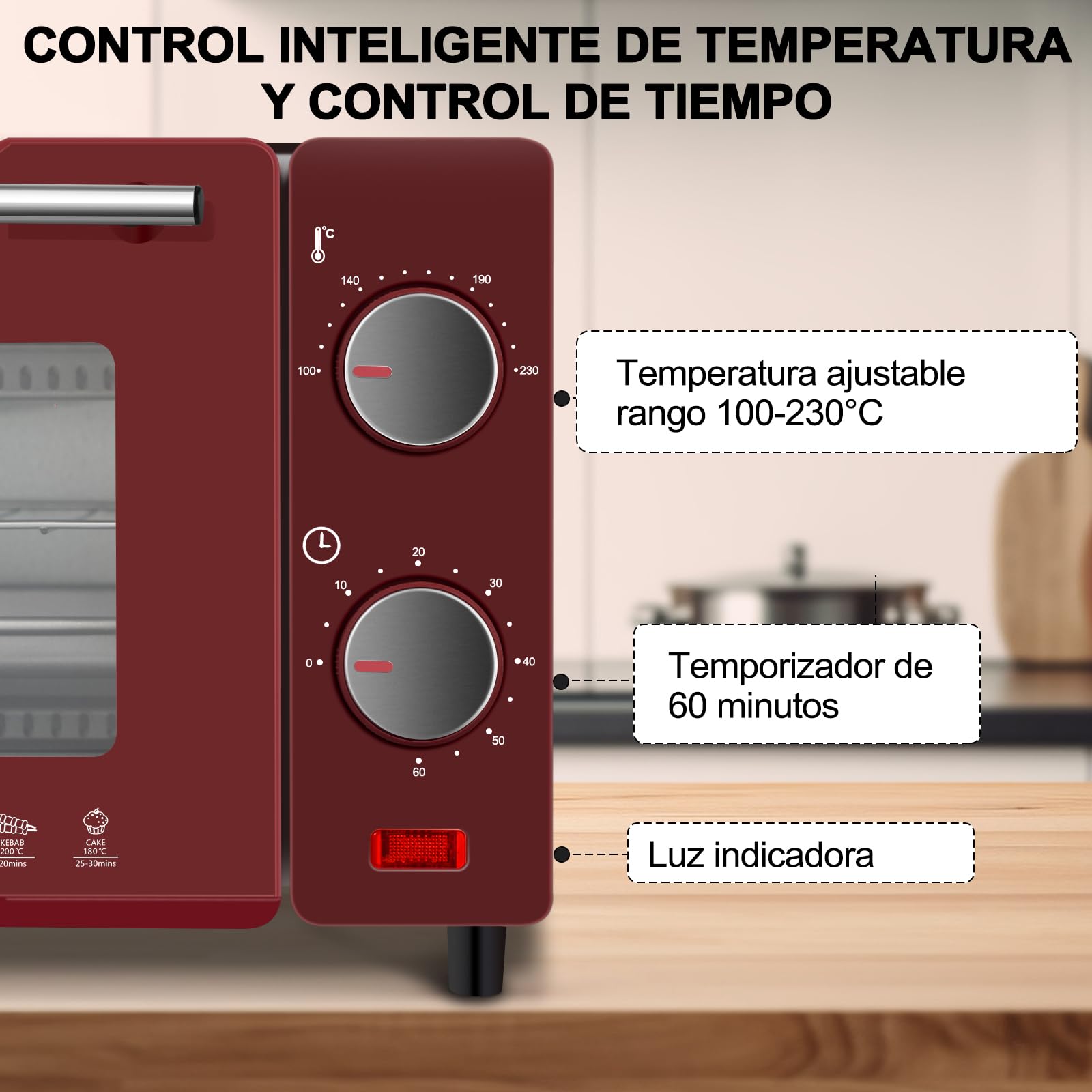 WOLTU Horno Electrico Pequeño10 L, 650 W, Control de Temperatura 100-230℃ y Temporizador 0-60 Minutos, con Bandeja y Rejilla, Rojo+Negro