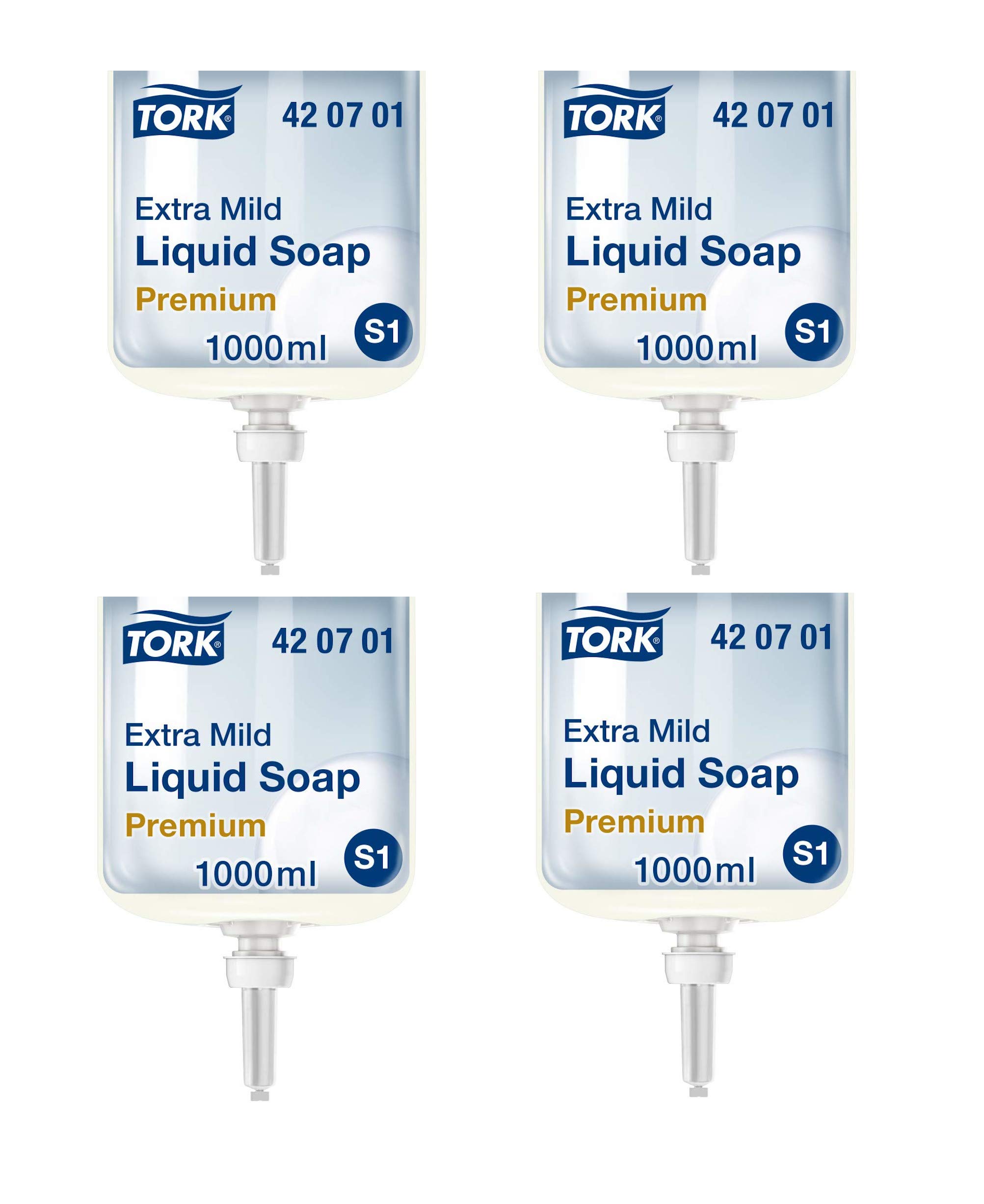Tork 420701 extra milde Flüssigseife Premium für Tork S1 Seifenspendersysteme/Extra milde Handseife in Weiß mit sanften Inhaltsstoffen für empfindliche Haut / 1 x 1000ml (4)