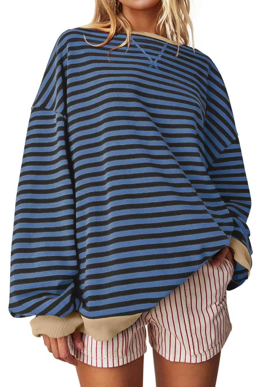 UEU Women Oversized Striped Crewneck Sweatshirt Long Sleeve Color Block Pullover Tops Casual Loose Workout Shirt, Blackblue Striped, S