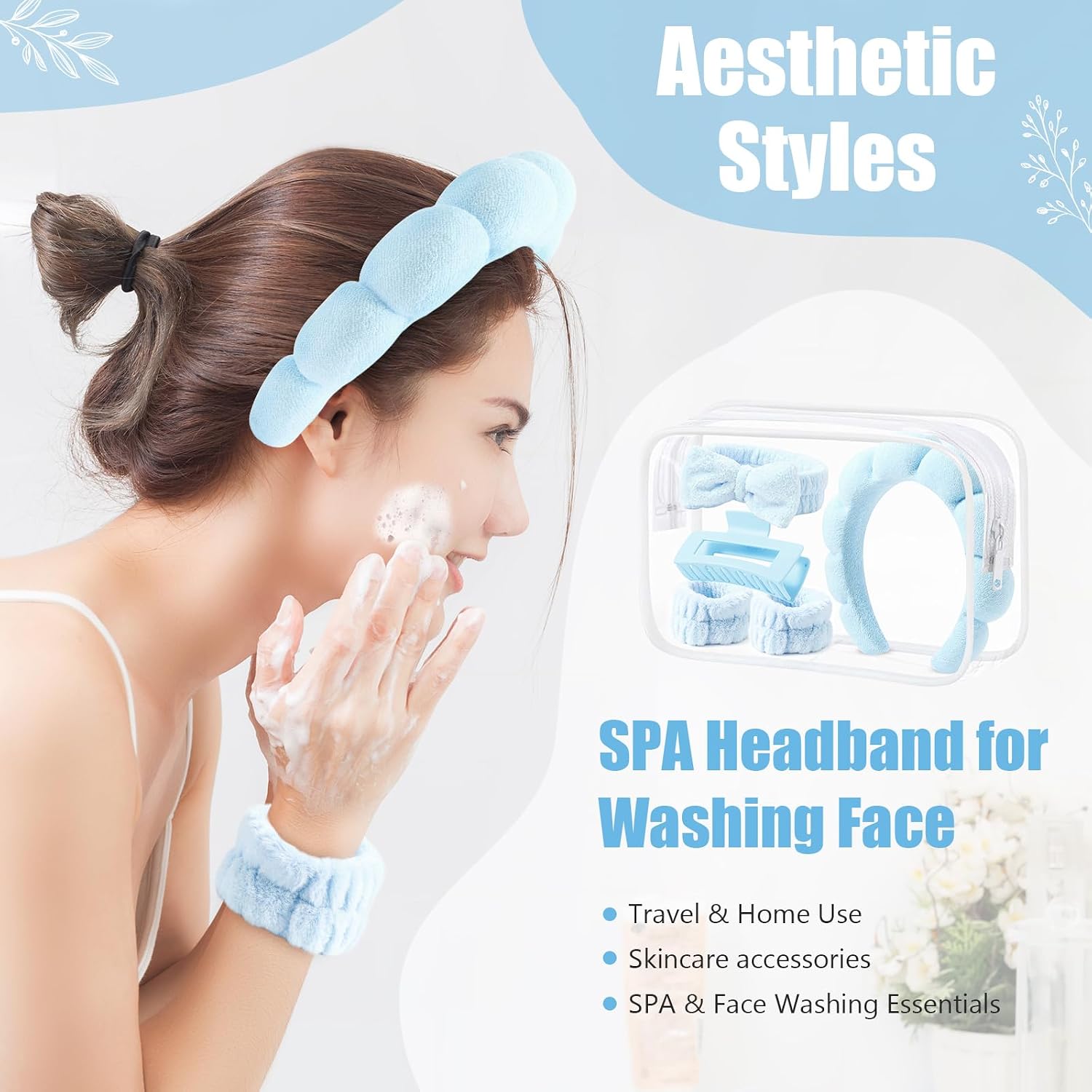 SPA Headbands and Wristband Set for Face Washing with Clear Bag Cute Skincare Makeup Headband Wrist Bands Hair Clips for Women Teenage Girls Gifts Trendy Stuff Blue image 3