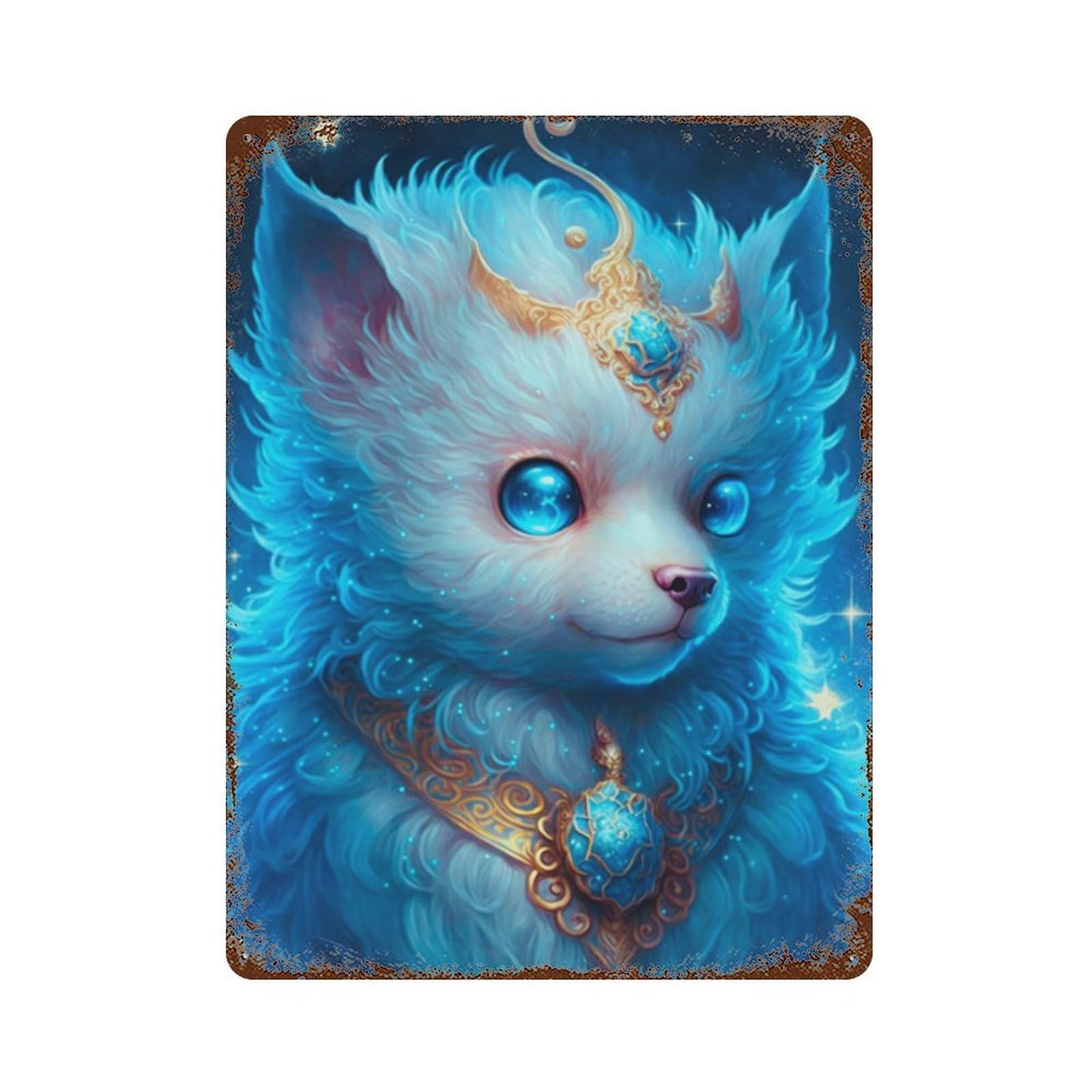 Blue Fantasy Fox Necklace Rusty Metal Tin Sign 15.7"x11.8", Vintage Wall Decor for Garage, Pub Or Kitchen