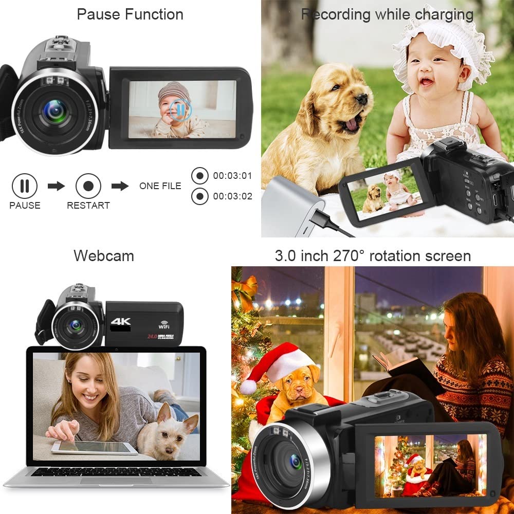 Videocámara 4K 48MP Luz de Relleno incorporada Pantalla táctil Vlogging for grabadora Cámara Digital(64 G SD Card,AF1 Mic Lens)