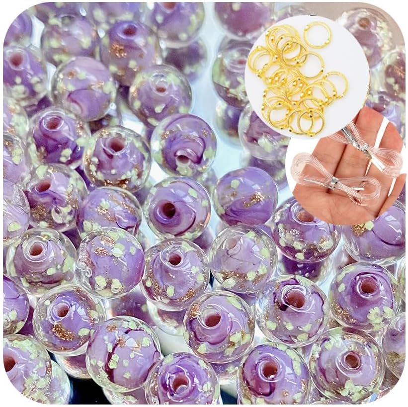 8mm150pcs Glow in The Dack Glass Beads with Alloy Ring, Round Jump Ring for Jewelry Making Bracelets Earrings Necklace Unique DIY Crafts Gold Spacer Beads Kit (Black) (Purple)